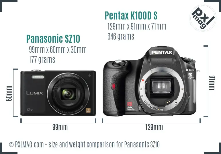 Panasonic SZ10 vs Pentax K100D S size comparison