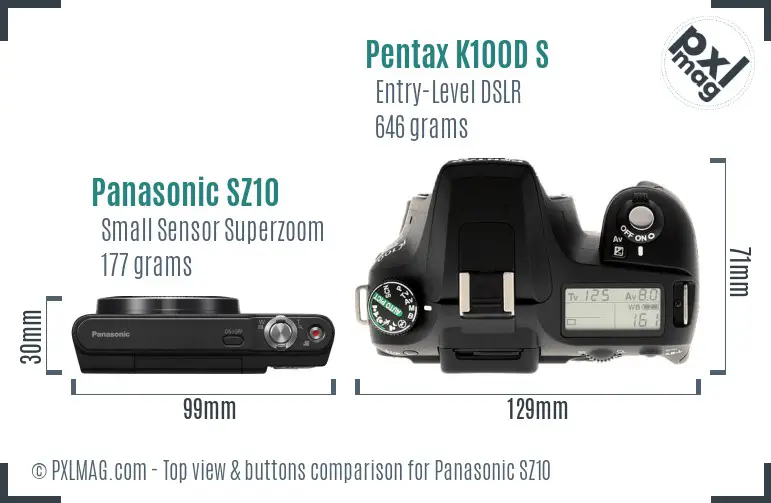 Panasonic SZ10 vs Pentax K100D S top view buttons comparison