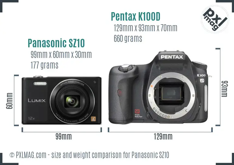 Panasonic SZ10 vs Pentax K100D size comparison