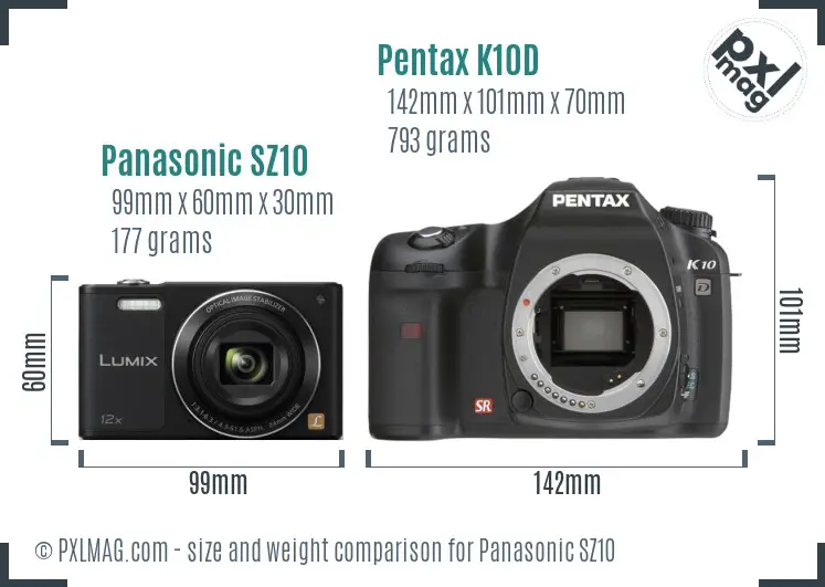 Panasonic SZ10 vs Pentax K10D size comparison