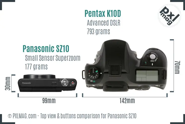 Panasonic SZ10 vs Pentax K10D top view buttons comparison