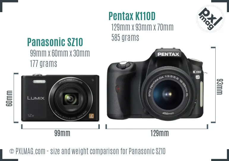 Panasonic SZ10 vs Pentax K110D size comparison
