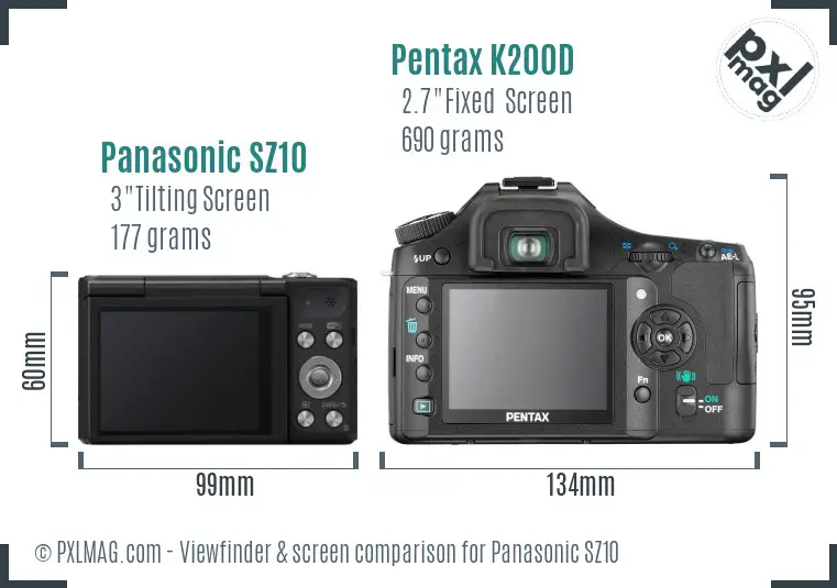Panasonic SZ10 vs Pentax K200D Screen and Viewfinder comparison