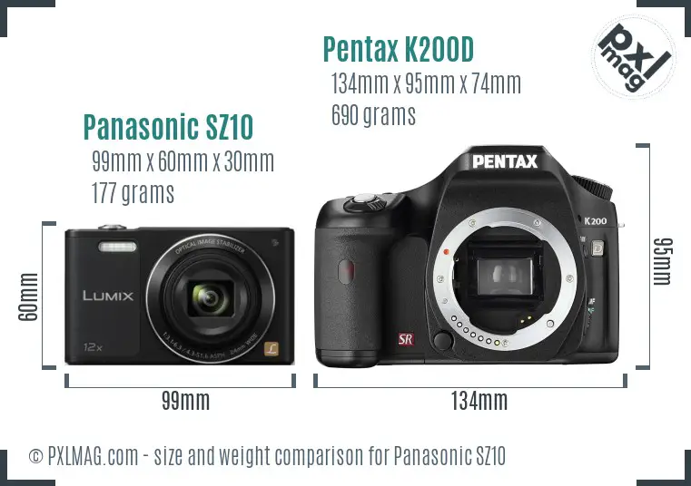 Panasonic SZ10 vs Pentax K200D size comparison