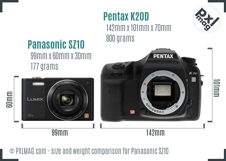 Panasonic SZ10 vs Pentax K20D size comparison