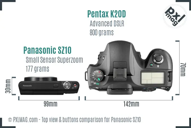 Panasonic SZ10 vs Pentax K20D top view buttons comparison