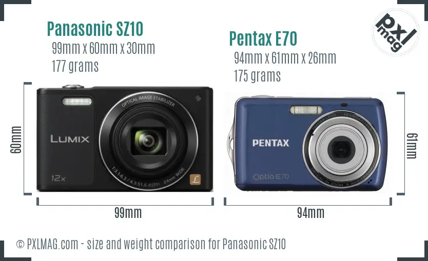 Panasonic SZ10 vs Pentax E70 size comparison