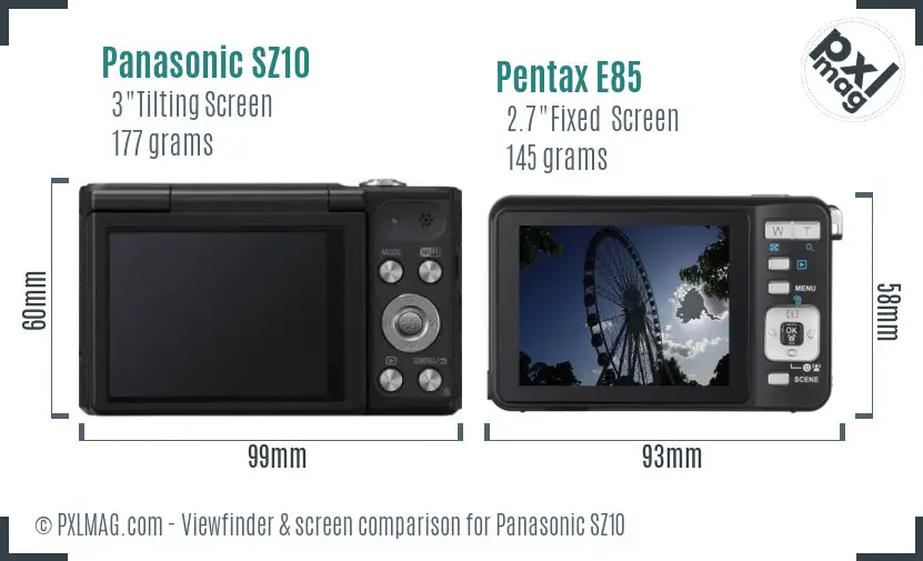 Panasonic SZ10 vs Pentax E85 Screen and Viewfinder comparison