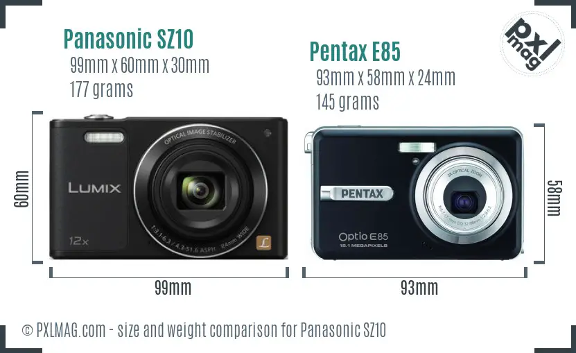 Panasonic SZ10 vs Pentax E85 size comparison