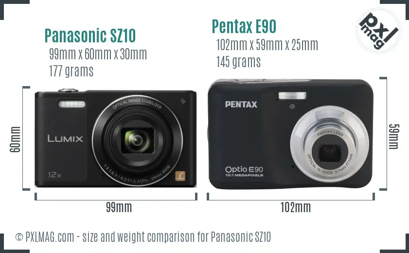 Panasonic SZ10 vs Pentax E90 size comparison