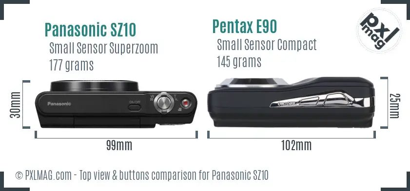 Panasonic SZ10 vs Pentax E90 top view buttons comparison