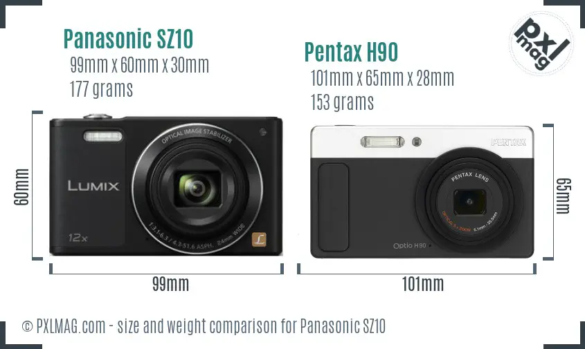 Panasonic SZ10 vs Pentax H90 size comparison