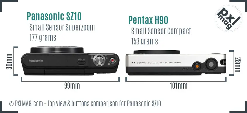 Panasonic SZ10 vs Pentax H90 top view buttons comparison
