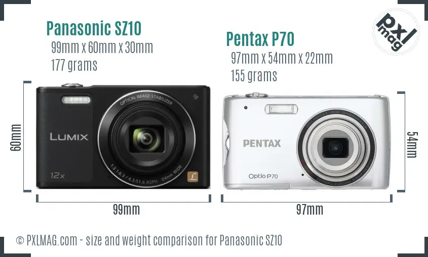 Panasonic SZ10 vs Pentax P70 size comparison