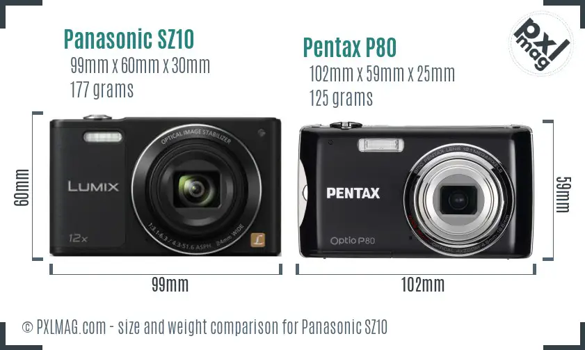 Panasonic SZ10 vs Pentax P80 size comparison