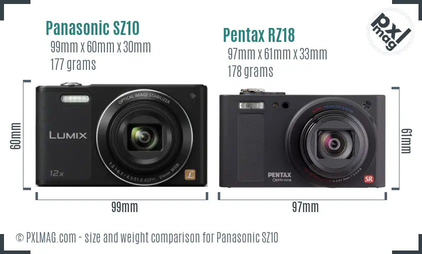 Panasonic SZ10 vs Pentax RZ18 size comparison