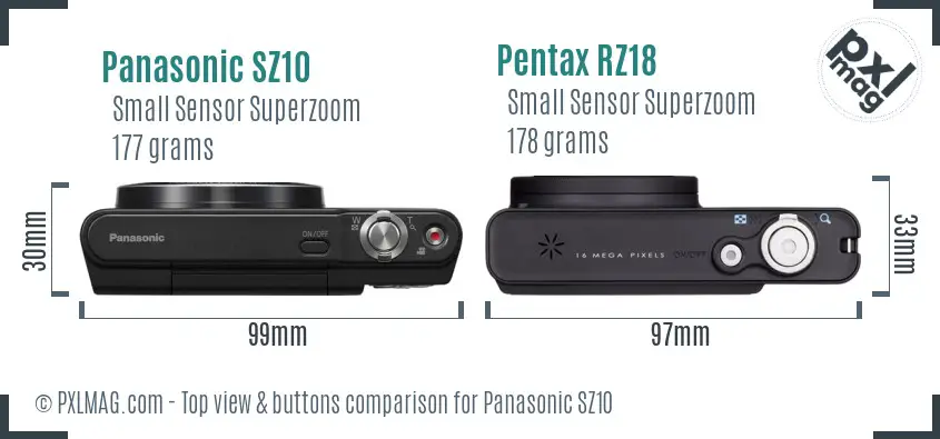 Panasonic SZ10 vs Pentax RZ18 top view buttons comparison