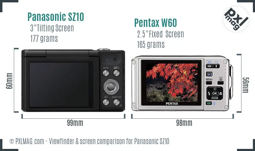 Panasonic SZ10 vs Pentax W60 Screen and Viewfinder comparison