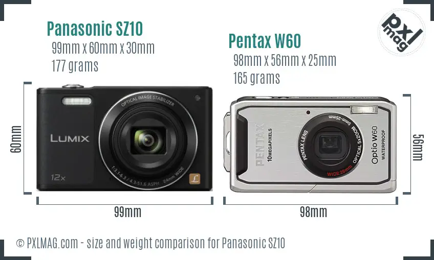 Panasonic SZ10 vs Pentax W60 size comparison