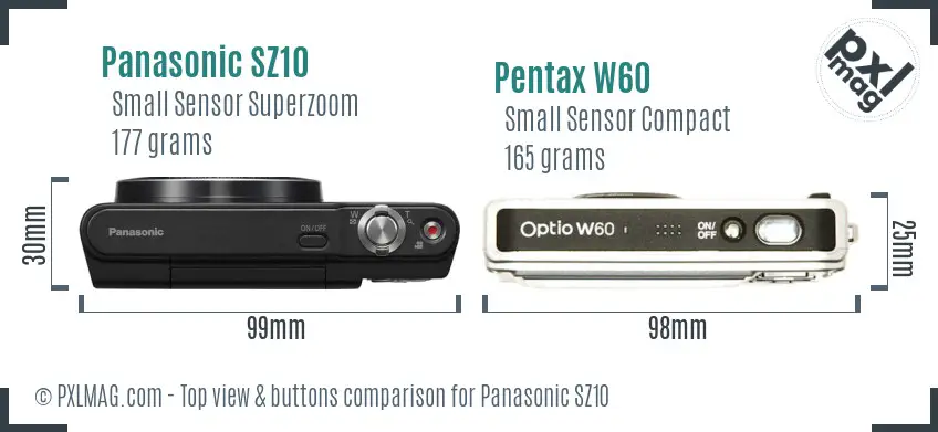Panasonic SZ10 vs Pentax W60 top view buttons comparison