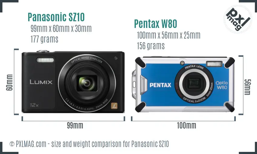 Panasonic SZ10 vs Pentax W80 size comparison