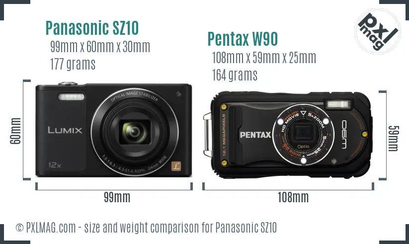 Panasonic SZ10 vs Pentax W90 size comparison