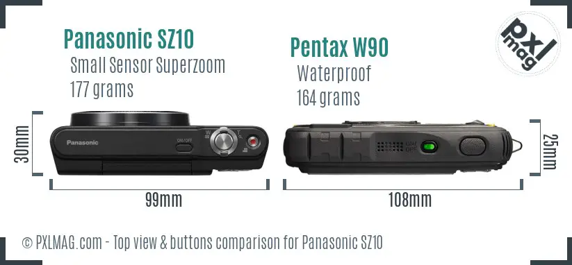 Panasonic SZ10 vs Pentax W90 top view buttons comparison