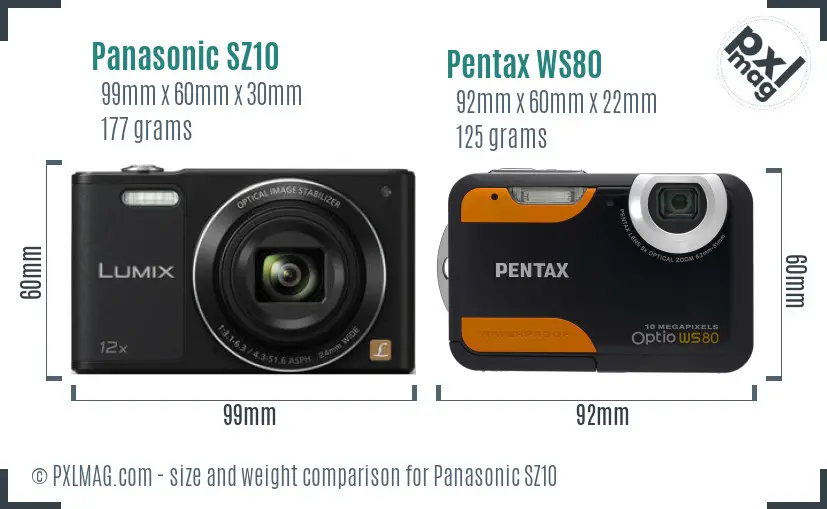 Panasonic SZ10 vs Pentax WS80 size comparison