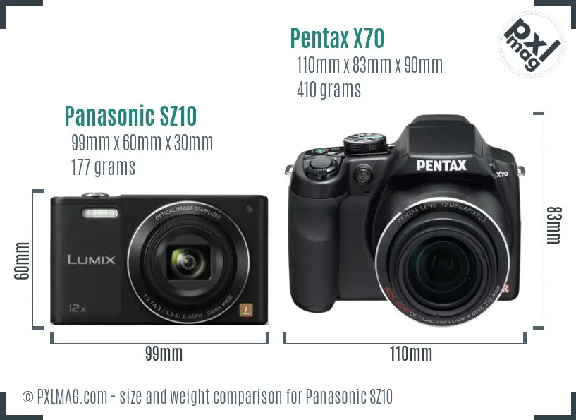 Panasonic SZ10 vs Pentax X70 size comparison