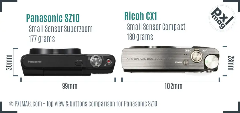 Panasonic SZ10 vs Ricoh CX1 top view buttons comparison