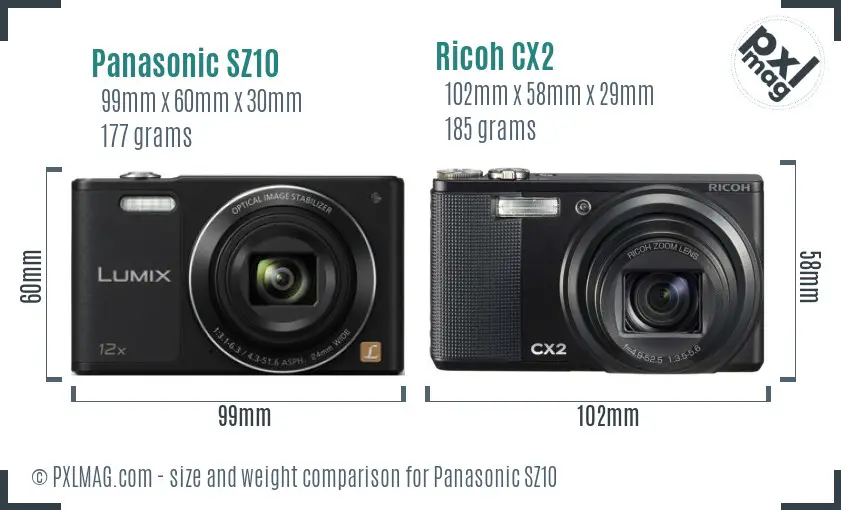 Panasonic SZ10 vs Ricoh CX2 size comparison