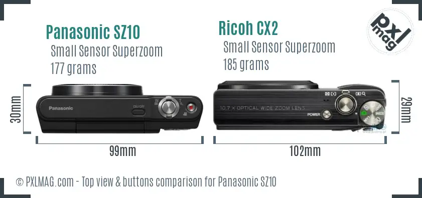 Panasonic SZ10 vs Ricoh CX2 top view buttons comparison
