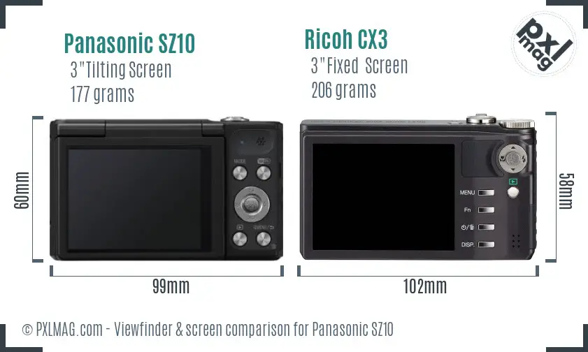 Panasonic SZ10 vs Ricoh CX3 Screen and Viewfinder comparison