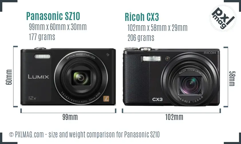 Panasonic SZ10 vs Ricoh CX3 size comparison