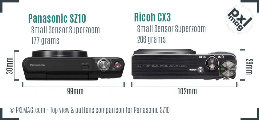 Panasonic SZ10 vs Ricoh CX3 top view buttons comparison