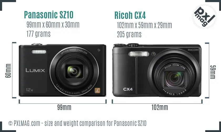 Panasonic SZ10 vs Ricoh CX4 size comparison Panasonic SZ10 vs Ricoh CX4 size comparison