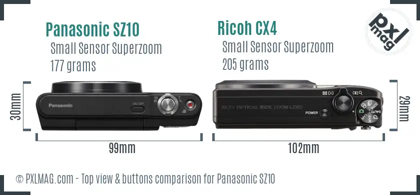 Panasonic SZ10 vs Ricoh CX4 top view buttons comparison