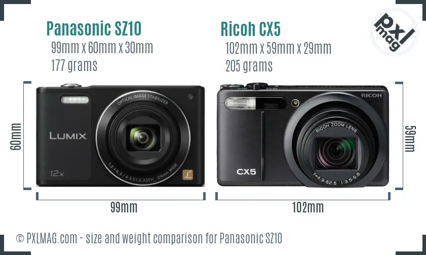 Panasonic SZ10 vs Ricoh CX5 size comparison