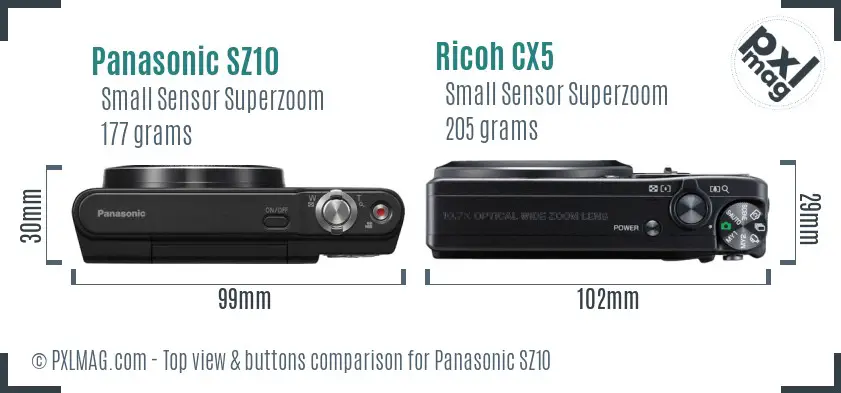 Panasonic SZ10 vs Ricoh CX5 top view buttons comparison