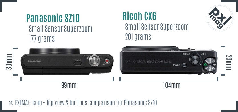Panasonic SZ10 vs Ricoh CX6 top view buttons comparison