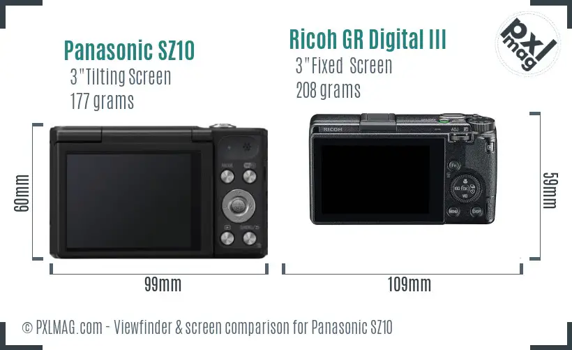 Panasonic SZ10 vs Ricoh GR Digital III Screen and Viewfinder comparison