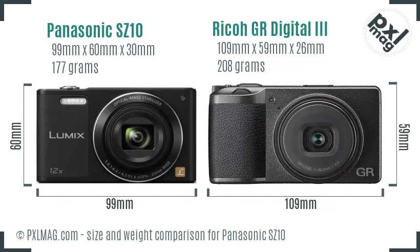 Panasonic SZ10 vs Ricoh GR Digital III size comparison