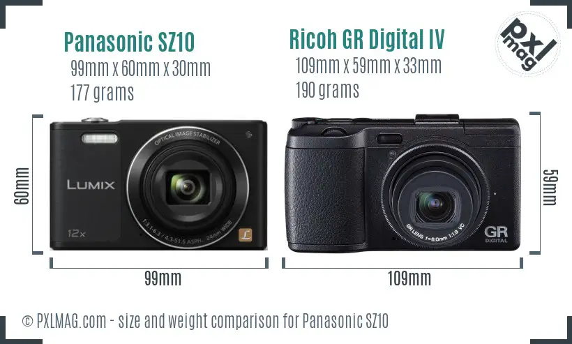 Panasonic SZ10 vs Ricoh GR Digital IV size comparison Panasonic SZ10 vs Ricoh GR Digital IV size comparison