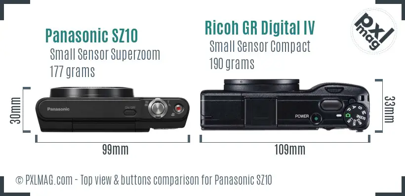 Panasonic SZ10 vs Ricoh GR Digital IV top view buttons comparison Panasonic SZ10 vs Ricoh GR Digital IV top view buttons comparison