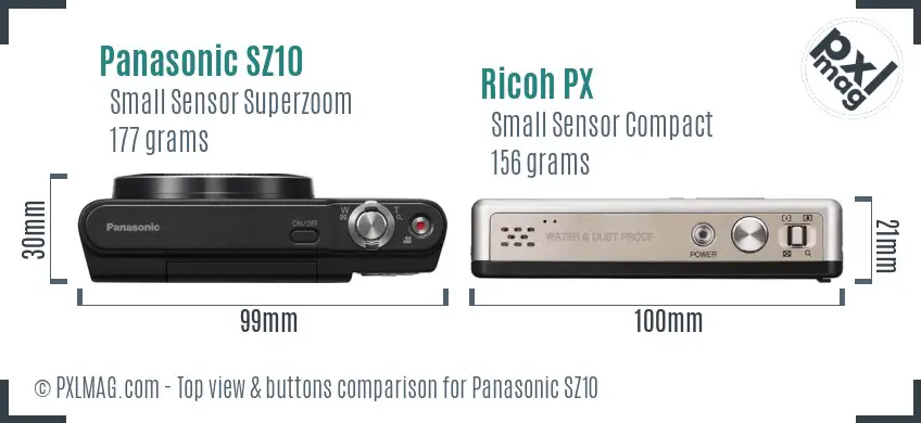 Panasonic SZ10 vs Ricoh PX top view buttons comparison Panasonic SZ10 vs Ricoh PX top view buttons comparison