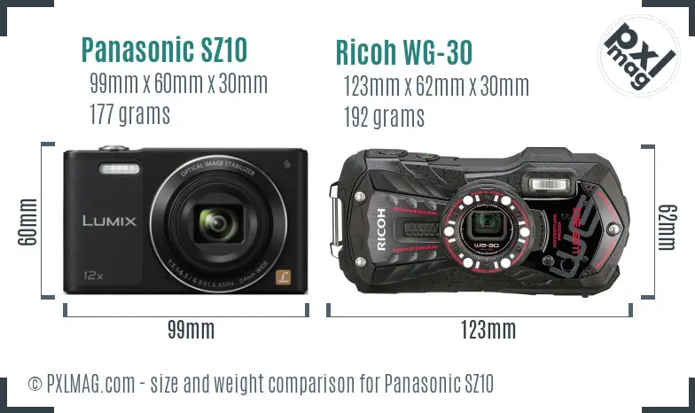 Panasonic SZ10 vs Ricoh WG-30 size comparison
