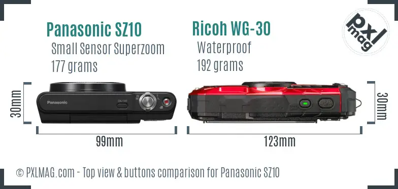 Panasonic SZ10 vs Ricoh WG-30 top view buttons comparison
