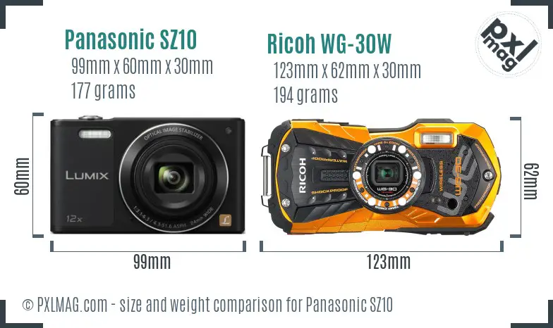 Panasonic SZ10 vs Ricoh WG-30W size comparison Panasonic SZ10 vs Ricoh WG-30W size comparison