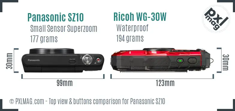 Panasonic SZ10 vs Ricoh WG-30W top view buttons comparison