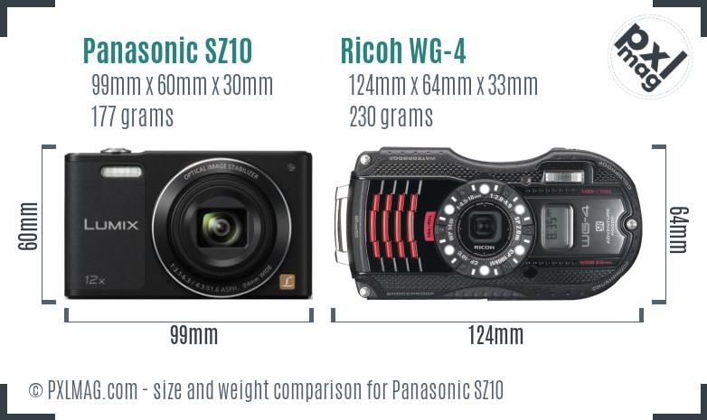 Panasonic SZ10 vs Ricoh WG-4 size comparison